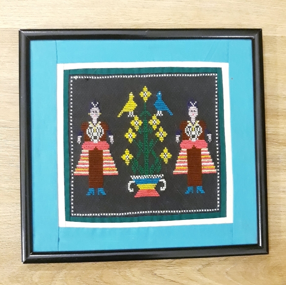Vintage Hmong Embroidered Cross-Stitch Framed Pictures - Woman + Flower - Picture 11 of 13